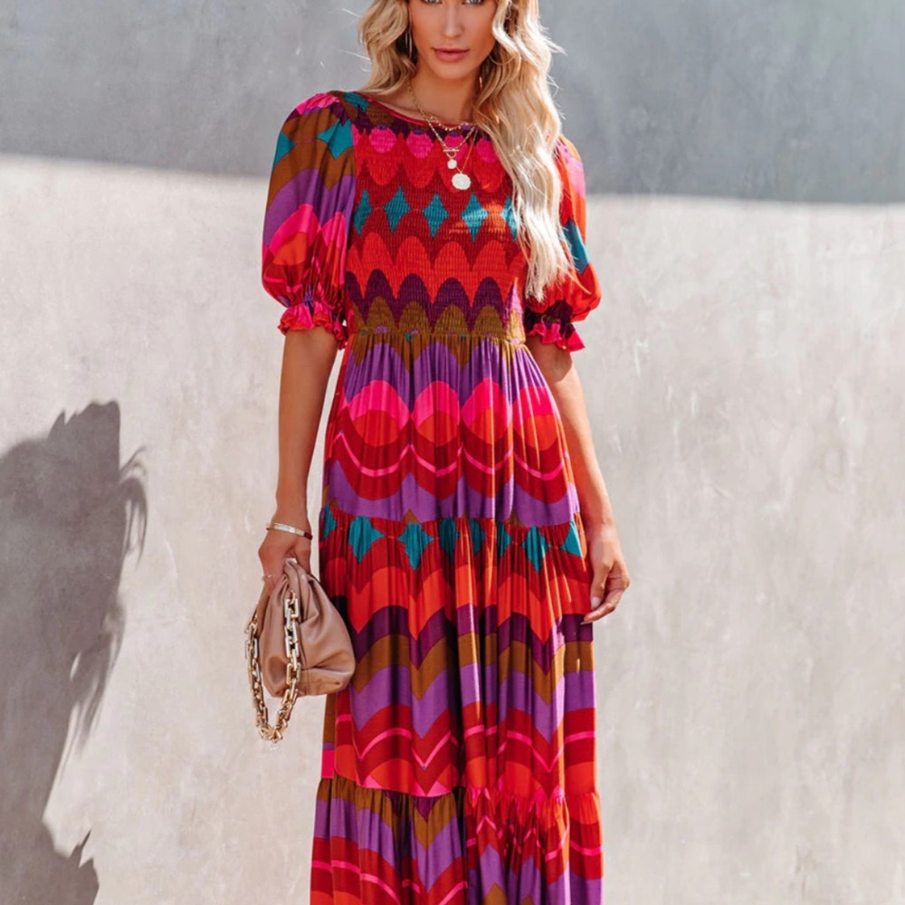FIESTA SMOCKED PUFF SLEEVE MAXI DRESS Vici